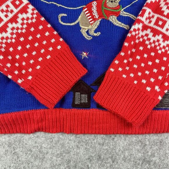Jolly Sweaters Ugly Christmas Fair Isle Cats Adult XL Blue Red Stars Lights Up* - Picture 7 of 12